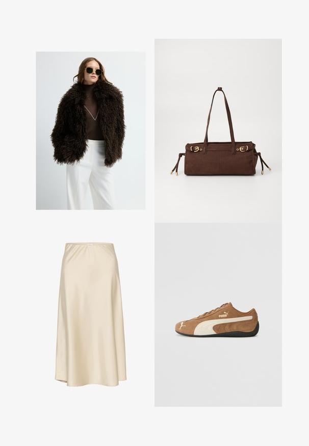 Braune Kunstfelljacke mit einem voluminösen, strukturierten Äußeren. Kombiniert mit einem figurbetonten braunen Rollkragenpullover und weißen Hosen. Dunkle Sonnenbrillen runden den Look ab.; Beiger Strickpullover mit hohem Kragen, halblangem Reißverschluss und überschnittenen Schultern. Mit geripptem Saum und Bündchen.; Beige Satin A-Linienrock mit elastischem Bund, glatter Textur und fließender Silhouette, die sanft zur Saumkante verläuft.; Braune Wildleder-Low-Top-Sneaker mit cremefarbenen Akzenten, strukturierter Oberfläche, schwarzer Gummisohle und gesticktem Logo an der Seite und Zunge.; Braune Wildleder-Shoppertasche mit zwei Schulterriemen, goldenen Hardware-Akzenten und verstellbaren Seitenbändern. Verfügt über einen Reißverschluss und eine glatte Textur.