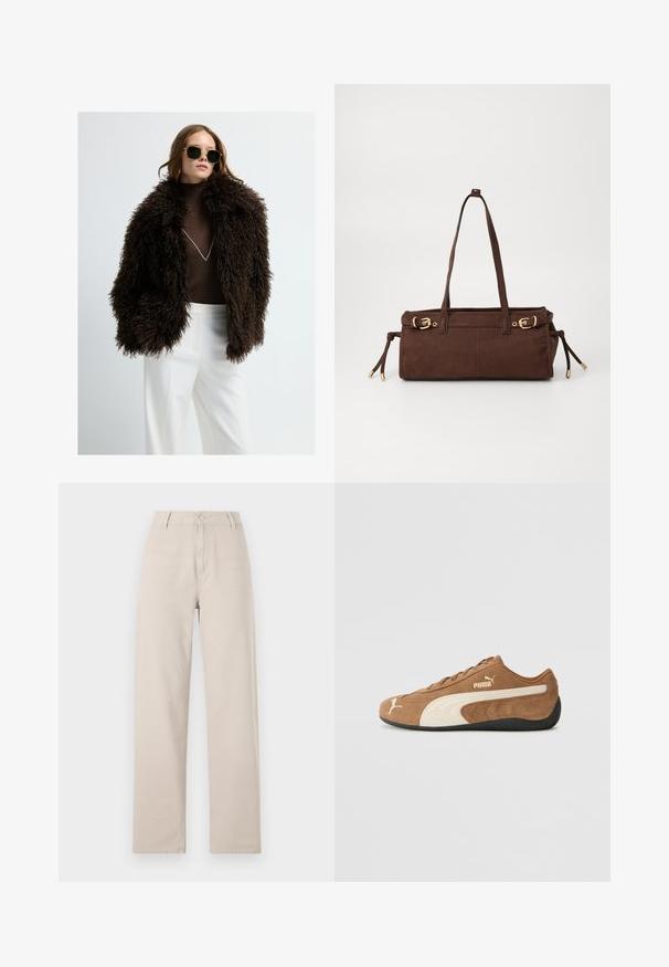 Hnědá umělá kožešinová bunda s objemným, texturovaným povrchem. V kombinaci s přiléhavým hnědým rolákem a bílými kalhotami. Tmavé sluneční brýle doplňují vzhled.; béžový pletený svetr s vysokým límcem, půl zips a rukávy s klesajícími rameny. Má vroubkovaný lem a manžety.; Béžové kalhoty s širokými nohavicemi vyrobené z bavlny, s předním zapínáním na knoflíky, poutky na opasek a klasickým střihem s čistými liniemi.; Hnědé semišové nízké tenisky s krémovými akcenty, texturovaným povrchem, černou gumovou podrážkou a vyšívaným logem na boku a jazyku.; Hnědá semišová taška přes rameno se dvěma ramenními popruhy, zlatými kovovými detaily a nastavitelnými bočními stahovacími šňůrkami. Obsahuje zipové uzavření a hladký povrch.