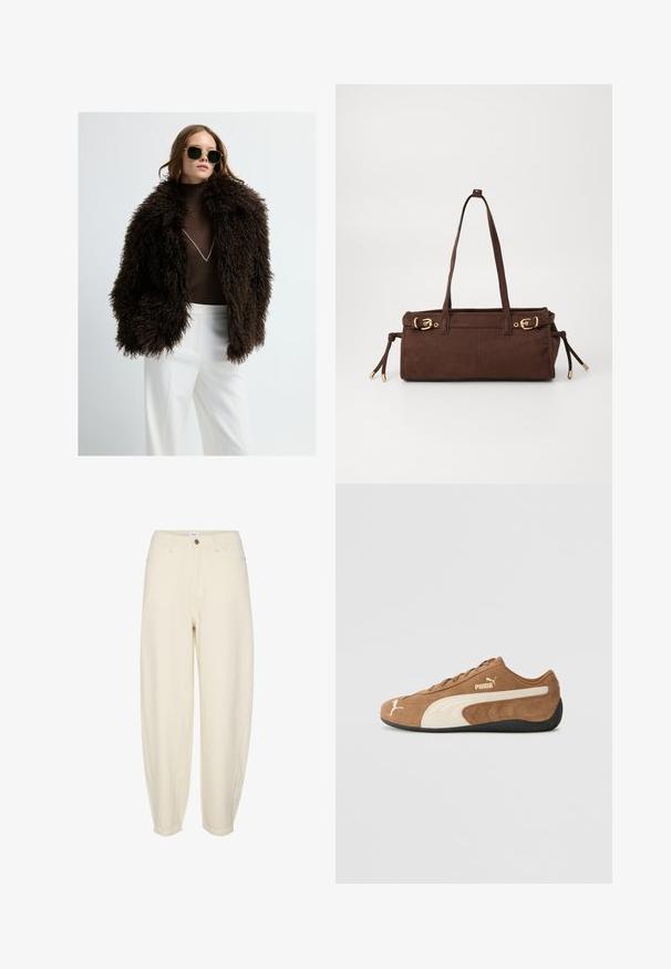 Brązowa kurtka z sztucznego futra o bogatej, teksturowanej powierzchni. W połączeniu z dopasowanym brązowym golfem i białymi spodniami. Ciemne okulary przeciwsłoneczne dopełniają stylizację.; Beżowy sweter z dzianiny z wysokim kołnierzem, półdługim zamkiem błyskawicznym i rękawami z opadającymi ramionami. Posiada ściągacze na dole i przy mankietach.; Jasnobeżowe bawełniane spodnie o luźnym kroju, zwężających się nogawkach, przednich kieszeniach i pojedynczym guziku przy pasie.; Brązowe zamszowe niskie sneakersy z kremowymi akcentami, teksturowana powierzchnia, czarna gumowa podeszwa oraz wyhaftowane logo z boku i na języku.; Brązowa zamszowa torba na ramię z dwoma paskami, złotymi detalami i regulowanymi sznurkami po bokach. Posiada zamek błyskawiczny i gładką fakturę.