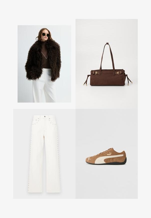 Braune Kunstfelljacke mit einem voluminösen, strukturierten Äußeren. Kombiniert mit einem figurbetonten braunen Rollkragenpullover und weißen Hosen. Dunkle Sonnenbrillen runden den Look ab.; Beiger Strickpullover mit hohem Kragen, halblangem Reißverschluss und überschnittenen Schultern. Mit geripptem Saum und Bündchen.; Weiße Denim-Hosen mit weitem Bein, die mit Nietenverzierungen an den Seiten und einem Frontknopfverschluss ausgestattet sind. Verstärkte Taschen und ein klassischer Schnitt.; Braune Wildleder-Low-Top-Sneaker mit cremefarbenen Akzenten, strukturierter Oberfläche, schwarzer Gummisohle und gesticktem Logo an der Seite und Zunge.; Braune Wildleder-Shoppertasche mit zwei Schulterriemen, goldenen Hardware-Akzenten und verstellbaren Seitenbändern. Verfügt über einen Reißverschluss und eine glatte Textur.