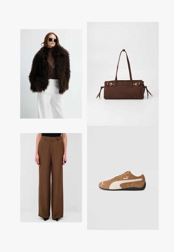Bruine nep bontjas met een volumineuze, textuurvolle buitenkant. In combinatie met een aansluitende bruine coltrui en witte broek. Donkere zonnebril accentueert de look.; Beige gebreide pullovertrui met een hoge halslijn, rits tot halverwege en schouders die naar beneden vallen. Heeft een geribbelde zoom en manchetten.; Bruine wijde broek met een gladde textuur, voorzien van ceintuurlussen en plooien, gecombineerd met zwarte hoge hakken voor een contrasterende uitstraling.; Bruine suède low-top sneakers met crèmekleurige accenten, een gestructureerd oppervlak, een zwarte rubberen zool en een geborduurd logo aan de zijkant en op de tong.; Bruine suède schoudertas met twee schouderbanden, gouden hardwareaccenten en verstelbare zijstrikjes. Heerlijk in gebruik dankzij de ritsafsluiting en de gladde textuur.