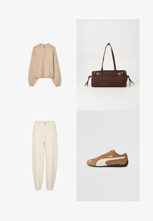 Brązowa kurtka z sztucznego futra o bogatej, teksturowanej powierzchni. W połączeniu z dopasowanym brązowym golfem i białymi spodniami. Ciemne okulary przeciwsłoneczne dopełniają stylizację.; Beżowy sweter z dzianiny z wysokim kołnierzem, półdługim zamkiem błyskawicznym i rękawami z opadającymi ramionami. Posiada ściągacze na dole i przy mankietach.; Jasnobeżowe bawełniane spodnie o luźnym kroju, zwężających się nogawkach, przednich kieszeniach i pojedynczym guziku przy pasie.; Brązowe zamszowe niskie sneakersy z kremowymi akcentami, teksturowana powierzchnia, czarna gumowa podeszwa oraz wyhaftowane logo z boku i na języku.; Brązowa zamszowa torba na ramię z dwoma paskami, złotymi detalami i regulowanymi sznurkami po bokach. Posiada zamek błyskawiczny i gładką fakturę.