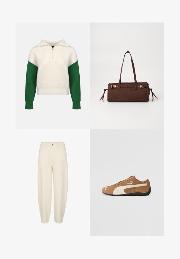Bruine nep bontjas met een volumineuze, textuurvolle buitenkant. In combinatie met een aansluitende bruine coltrui en witte broek. Donkere zonnebril accentueert de look.; Gebreide trui met een kwart-rits kraag. Crèmekleurig lijf met geribbelde groene mouwen. Zachte textuur, losse pasvorm, contrasterende kleurvakken.; Lichtbeige katoenen broeken met een ontspannen pasvorm, taps toelopende pijpen, voorzakken en een enkele knoopsluiting bij de taille.; Bruine suède low-top sneakers met crèmekleurige accenten, een gestructureerd oppervlak, een zwarte rubberen zool en een geborduurd logo aan de zijkant en op de tong.; Bruine suède schoudertas met twee schouderbanden, gouden hardwareaccenten en verstelbare zijstrikjes. Heerlijk in gebruik dankzij de ritsafsluiting en de gladde textuur.