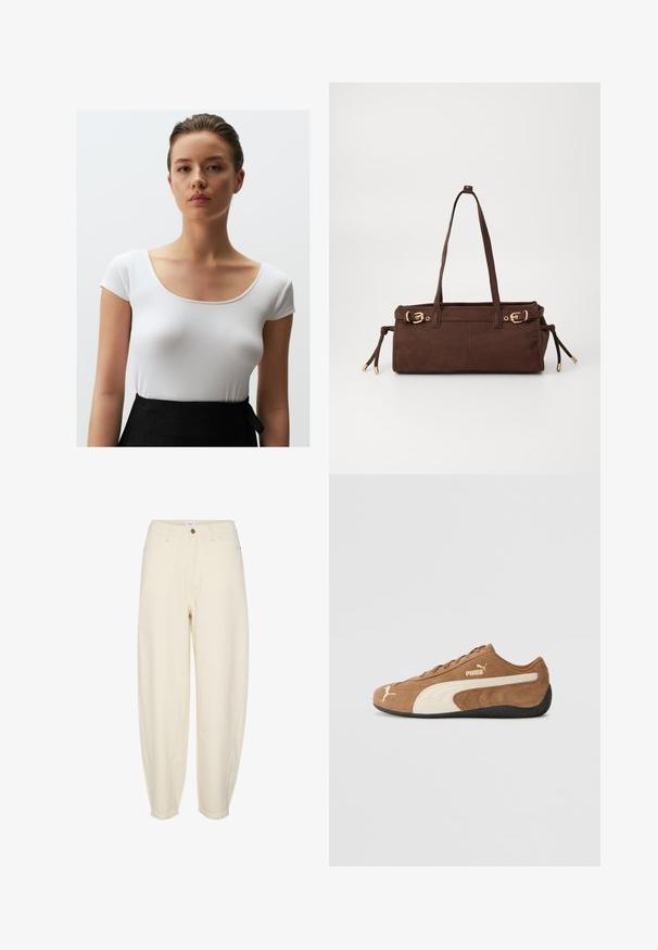 Bruine nep bontjas met een volumineuze, textuurvolle buitenkant. In combinatie met een aansluitende bruine coltrui en witte broek. Donkere zonnebril accentueert de look.; Jimmy Key SLIM FIT SHORT SLEEVED U NECK - T-shirt basic - white; Lichtbeige katoenen broeken met een ontspannen pasvorm, taps toelopende pijpen, voorzakken en een enkele knoopsluiting bij de taille.; Bruine suède low-top sneakers met crèmekleurige accenten, een gestructureerd oppervlak, een zwarte rubberen zool en een geborduurd logo aan de zijkant en op de tong.; Bruine suède schoudertas met twee schouderbanden, gouden hardwareaccenten en verstelbare zijstrikjes. Heerlijk in gebruik dankzij de ritsafsluiting en de gladde textuur.