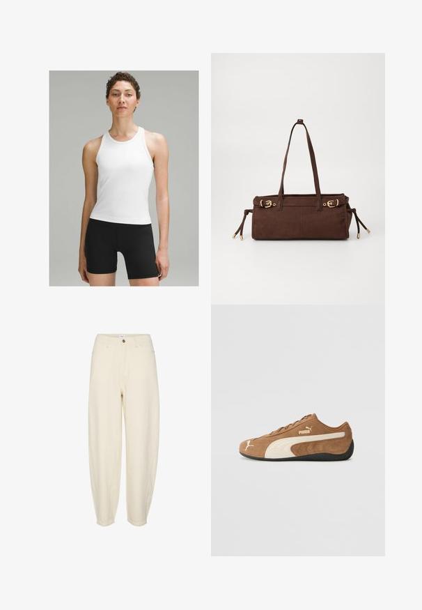 Chaqueta de piel sintética marrón con un exterior voluminoso y texturizado. Combinada con un suéter de cuello alto marrón ajustado y pantalones blancos. Las gafas de sol oscuras complementan el conjunto.; Camiseta atlética blanca sin mangas con un escote redondo y tirantes anchos, combinada con pantalones cortos ajustados negros. Tejido suave con costuras mínimas.; Pantalones de algodón color beige claro con un ajuste relajado, piernas ajustadas, bolsillos frontales y un cierre de botón en la cintura.; Zapatilla baja de ante marrón con acentos crema, superficie texturizada, suela de goma negra y logotipo bordado en el costado y en la lengüeta.; Bolsa tote de ante marrón con dos asas para el hombro, acentos de hardware dorado y lazos laterales ajustables. Cuenta con un cierre de cremallera y textura suave.