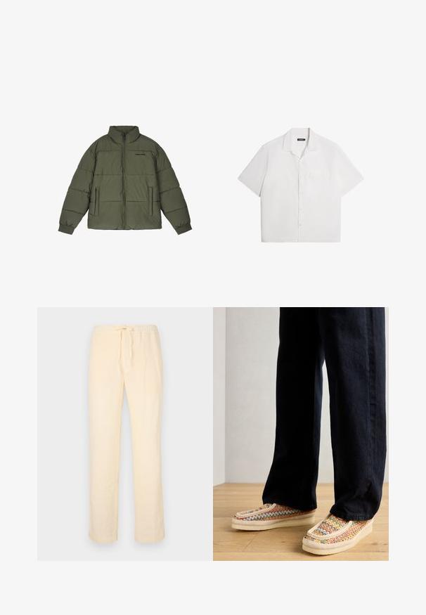 Doudoune vert olive avec un col montant, fermeture éclair sur le devant et deux poches latérales. Présente des panneaux cousus et des poignets côtelés pour plus de chaleur.; Chemise blanche à manches courtes, texture douce, devant à boutons, col étalé, poche poitrine simple, design décontracté et ample. Unie sans motifs.; Pantalons jaunes clairs, amples, en tissu doux, avec une taille élastique avec cordon de serrage et jambes droites.; Des chaussures à enfiler tissées multicolores avec une semelle de couleur crème, accentuées par une bande texturée et des coutures contrastantes, associées à un pantalon noir.