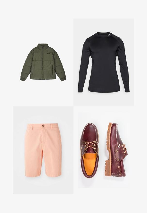 Jachetă pufoasă de culoare verde măslinie, cu guler înalt, fermoar frontal și două buzunare laterale. Prezintă panouri cusute și manșete cu nervuri pentru căldură.; Cămașă sport neagră cu mâneci lungi, realizată dintr-un material neted și elastic, cu guler rotund și un logo discret în colțul din stânga sus.; Șorturi de culoare piersică, fabricate dintr-un material ușor, cu un design clasic, cu închidere prin buton frontal și buzunare laterale.; Pantofi din piele burgundă cu talpă din cauciuc brun, vârf rotund, cusături albe și gauri aurii pentru șireturi. Interiorul are un căptușeală galbenă.