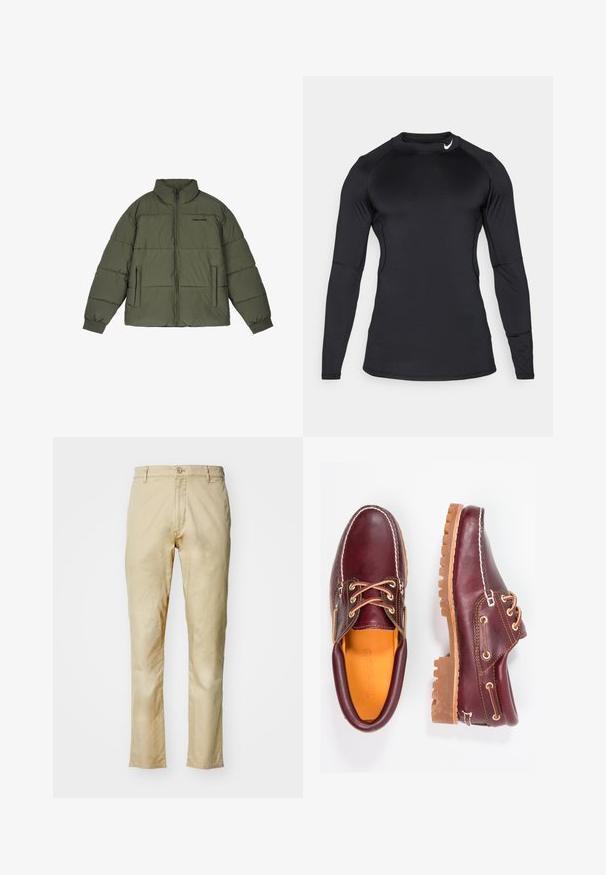 Casaco puffer verde-oliva com gola alta, fecho à frente e dois bolsos laterais. Apresenta painéis costurados e punhos canelados para mais conforto térmico.; Camisola atlética de manga longa preta, feita de tecido liso e elástico, com decote redondo e um logótipo discreto no canto superior esquerdo.; DOCKERS ORIGINAL SLIM - Chinos - safari; Sapatos de couro bordô com solas de borracha castanhas, bico arredondado, costura branca e ilhós dourados. O interior apresenta um forro amarelo.