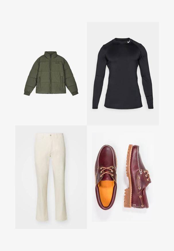 Olivovo zelená pufrová bunda s vysokým golierom, predným zipsom a dvoma bočnými vreckami. Má prešité panely a rebrované manžety pre teplo.; Čierne športové tričko s dlhým rukávom vyrobené z hladkého, elastického materiálu, s okrúhlym výstrihom a diskrétnym logom na ľavej hornej strane.; Béžové bavlnené nohavice so strihaním rovného nohu, ktoré majú zapínanie na gombík a bočné vrecko. Hladká textúra a jednoduchý štýl.; Bordové kožené topánky s hnedými gumovými podrážkami, okrúhlou špičkou, bielym prešívaním a zlatými kovaniami. Interiér má žlté podšívku.
