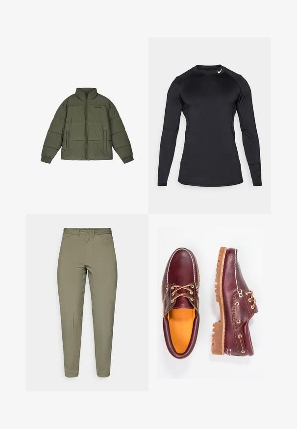 Oliwkowa kurtka puchowa z wysokim kołnierzem, zamkiem błyskawicznym z przodu i dwoma bocznymi kieszeniami. Posiada wytłaczane panele i ribbowe mankiety dla dodatkowego ciepła.; Czarna, długosleeve'owa koszulka sportowa wykonana z gładkiego, elastycznego materiału, z okrągłym dekoltem i dyskretnym logo na górnej lewej stronie.; Jasnooliwkowe spodnie o gładkiej fakturze, zwężanym kroju, z paskami na pasek i pojedynczym zapięciem na guzik w talii.; Bordowe skórzane buty z brązowymi gumowymi podeszwami, okrągły czubek, białe przeszycia i złote oczka. Wnętrze posiada żółtą podszewkę.
