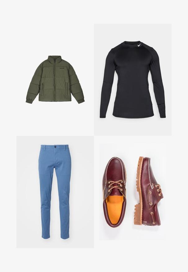 Giacca a vento verde oliva con colletto alto, chiusura frontale con zip e due tasche laterali. Presenta pannelli cuciti e polsini a costine per maggiore calore.; Maglietta sportiva nera a maniche lunghe realizzata in tessuto liscio e elastico, con scollatura a girocollo e logo discreto sulla parte superiore sinistra.; DOCKERS SMART SUPREME FLEX SKINNY - Chino - bluefin; Scarpe in pelle bordeaux con suole in gomma marrone, punta rotonda, cuciture bianche e occhielli dorati. L'interno presenta un rivestimento giallo.