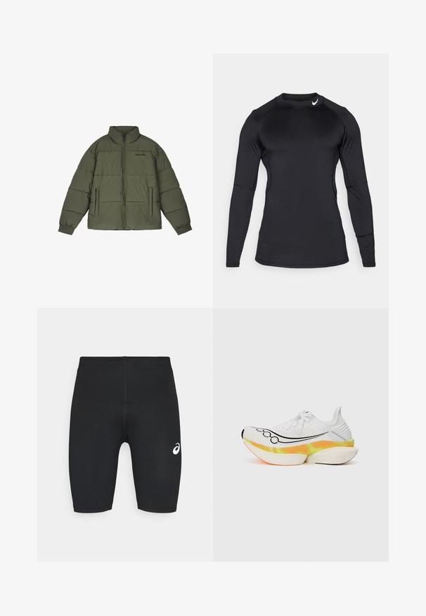 Olivengrøn pufferjakke med høj krave, frontlynlås og to sidelommer. Har synede paneler og ribbede manchetter for ekstra varme.; Sort langærmet træningsskjorte lavet af glat, strækbart stof med rund halsudskæring og diskret logo på øverste venstre side.; Sorte atletiske shorts med en glat tekstur, tætsiddende design og hvidt logo på venstre side. Ingen synlige lommer eller hardware detaljer.; Hvid løbesko med et struktureret mesh-oberste, sort swoosh-design og en farverig, lagdelt sål med orange og gule accenter.