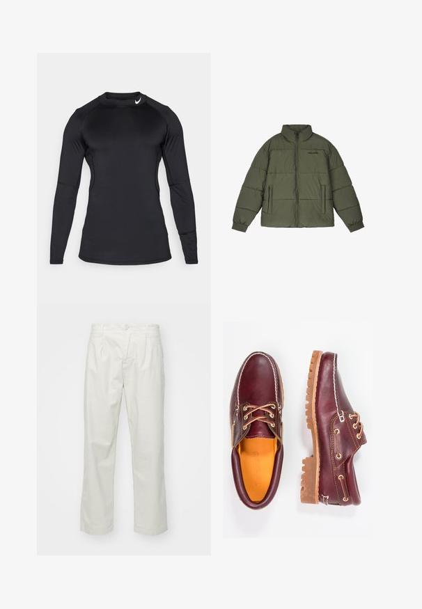 Giacca a vento verde oliva con colletto alto, chiusura frontale con zip e due tasche laterali. Presenta pannelli cuciti e polsini a costine per maggiore calore.; Maglietta sportiva nera a maniche lunghe realizzata in tessuto liscio e elastico, con scollatura a girocollo e logo discreto sulla parte superiore sinistra.; Pantaloni in cotone beige chiaro con taglio dritto, dotati di chiusura a bottone, passanti per cintura e pieghe frontali per una maggiore struttura.; Scarpe in pelle bordeaux con suole in gomma marrone, punta rotonda, cuciture bianche e occhielli dorati. L'interno presenta un rivestimento giallo.
