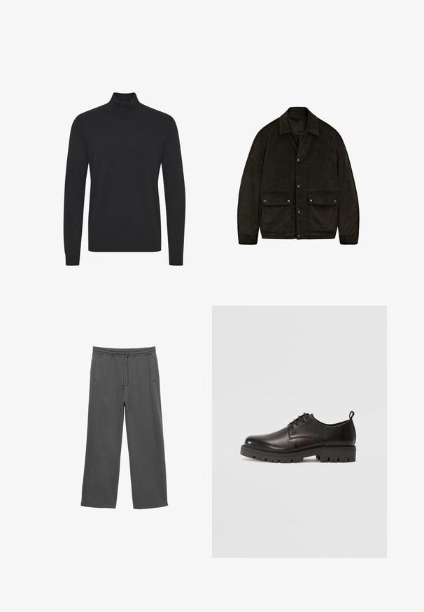 Dunkelbraune Cordjacke mit Kragen, Druckknöpfen und zwei Fronttaschen. Sie besitzt eine weiche Textur und ein einfaches, strukturiertes Design.; Schwarzer Rollkragenpullover aus glattem Stoff, mit langen Ärmeln und gerippten Bündchen und Saum. Schlichtes, ungeschmücktes Design.; Dunkelgraue, weite Sweatpants mit elastischem Bund, Kordelzug und zwei seitlichen Taschen, auf einem weißen Hintergrund präsentiert.; Schwarze Leder Schnürschuhe mit glatter Oberfläche, runder Spitze, dicker Gummisohle mit Profilmuster und einer kleinen Fersenschlaufe.