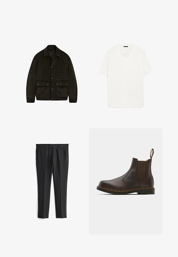 Dunkelbraune Cordjacke mit Kragen, Druckknöpfen und zwei Fronttaschen. Sie besitzt eine weiche Textur und ein einfaches, strukturiertes Design.; Weißes T-Shirt mit kurzen Ärmeln, Rundhalsausschnitt, weicher Textur, gerader Schnitt, minimalistisches Design, keine sichtbaren Muster oder Akzente.; Schwarze maßgeschneiderte Hose mit flachem Vorderteil, zwei seitlichen Taschen und Knopfverschluss. Glatte Textur und gerade Beinform.; Braune Leder-Chelsea-Boots mit elastischen Seiteneinsätzen, strukturiertem Absatz und kontrastierender gelber Naht. Mit einer Ziehlasche für ein einfaches Anziehen.