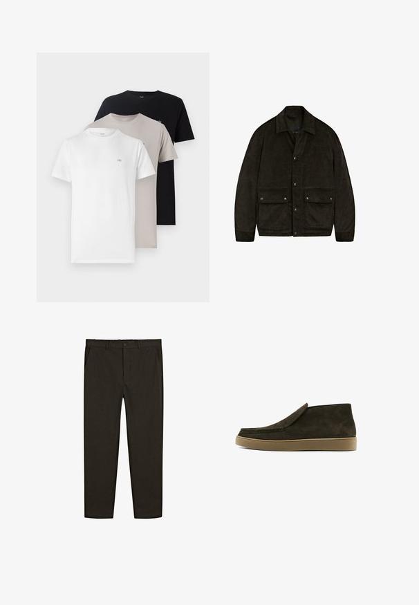 Donkerbruine corduroyjas met een kraag, drukknoopsluitingen en twee zakken aan de voorkant. Heeft een zachte textuur en een eenvoudig, gestructureerd ontwerp.; Drie crewneck t-shirts in wit, beige en zwart, gemaakt van zacht katoen met een klein logo op de borst voor elke kleur.; Donkerbruine, geweven stofbroek met een recht model, voorzakken en een knoopsluiting op de taille. Glad textuur.; Bruine suede instappers met een gladde afwerking, ronde neus en een lichtbruine rubberen zool. Bovenkant heeft een eenvoudig, strak design.