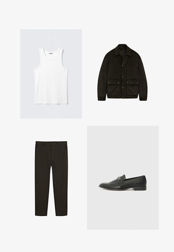 Dunkelbraune Cordjacke mit Kragen, Druckknöpfen und zwei Fronttaschen. Sie besitzt eine weiche Textur und ein einfaches, strukturiertes Design.; Weißes Tanktop mit runder Ausschnittform und breiten Trägern. Hergestellt aus einem glatten, leichten Stoff, mit einem minimalistischen Design ohne Muster.; Dunkelbraune, gewebte Stoffhose mit geradem Bein, vorderen Taschen und einem Knopfverschluss an der Taille. Glatte Textur.; Schwarzer Lederloafer mit glatter Oberfläche, ausgestattet mit einer gesteppten Gestaltung und einem dekorativen Metallkettendetail über dem Vorderblatt. Flacher Absatz.