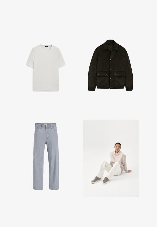 Dunkelbraune Cordjacke mit Kragen, Druckknöpfen und zwei Fronttaschen. Sie besitzt eine weiche Textur und ein einfaches, strukturiertes Design.; Weißes T-Shirt mit kurzen Ärmeln aus Baumwolle, mit einem runden Ausschnitt und einer lockeren Passform, ohne sichtbare Muster oder Akzente.; Helle blaue Jeans aus Denim mit lockerer Passform, geradem Bein, sichtbaren Nähten, zwei vorderen Taschen und einem Knopfverschluss.; Beige Hemd mit Knöpfen, weiße Hose und graue Sneaker. Das Hemd hat eine lockere Passform und die Sneaker besitzen eine strukturierte Oberfläche und eine Schnürdesign.