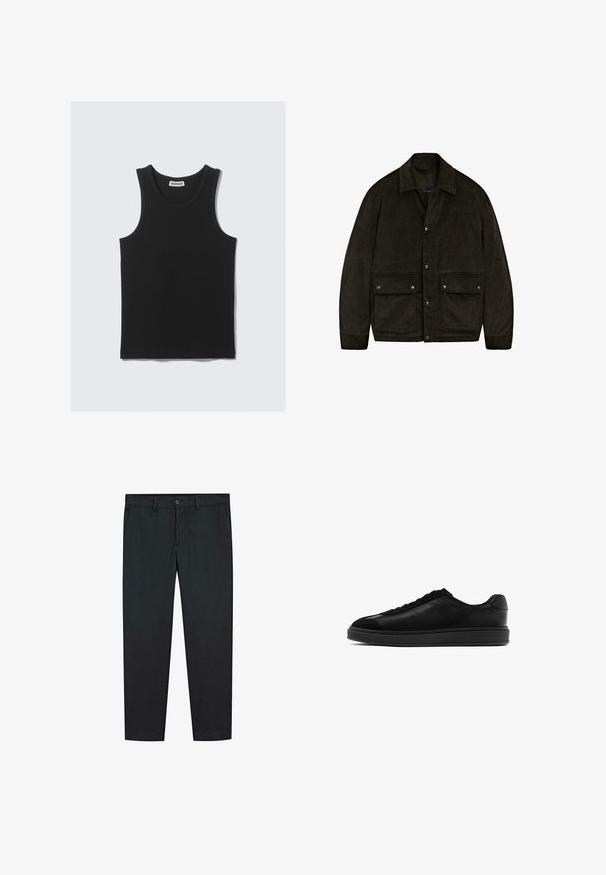 Giacca in corduroy marrone scuro con colletto, bottoni a scatto e due tasche frontali. Presenta una texture morbida e un design semplice e strutturato.; Top in cotone nero senza maniche con texture a coste, dotato di scollo rotondo e ampi fori per le braccia. Etichetta visibile sul collo.; Pantaloni neri con un design a gamba dritta, realizzati in un tessuto morbido. Presentano due tasche frontali e una chiusura a bottone in vita.; Sneaker in pelle nera con finitura liscia, punta rotonda, laccio frontale e linguetta testurizzata a contrasto. Suola in gomma nera spessa.
