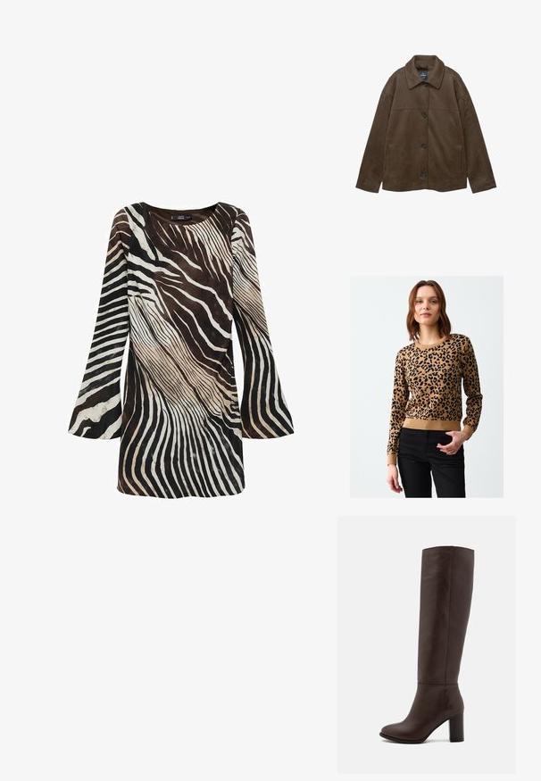 Giacca in suede marrone con collo a camicia, chiusura con bottoni e tasche laterali. Presenta una superficie liscia e un design semplice e moderno.; Maglione a fantasia leopardata in tonalità tan con macchie nere, con polsini e orlo a coste. Il tessuto sembra a maglia, con un design aderente e scollo a giro.; Abito a maniche lunghe marrone e crema con motivo a strisce zebra. Tessuto morbido, maniche svasate e scollatura rotonda.; Stivale in pelle marrone al ginocchio con tacco a blocco, texture liscia, punta arrotondata e dettagli di cucitura minimi.; Borsa a spalla in pelle nera con una texture liscia, forma curva e manico regolabile. Presenta una cucitura minimale e un design semplice.