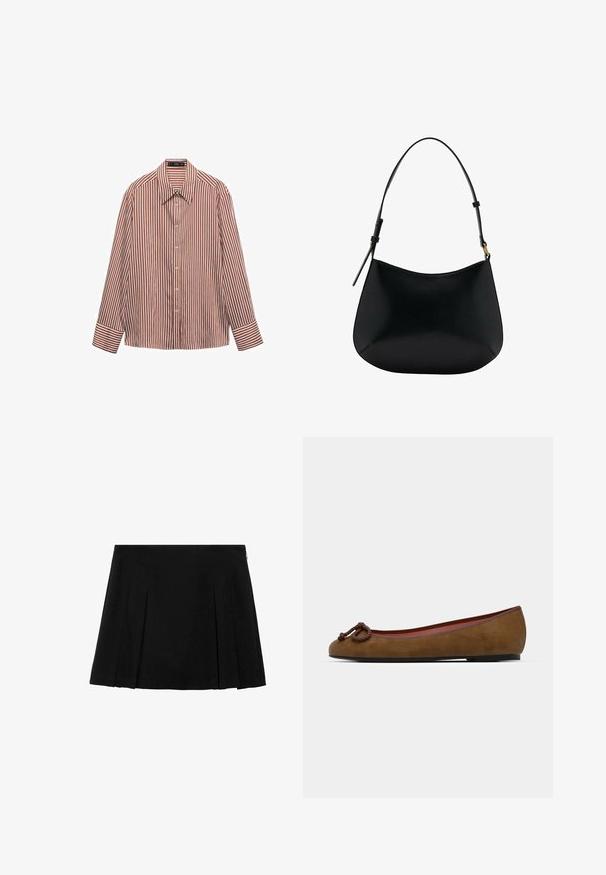 Hnědá zamšová bunda s límcem, knoflíkovým zapínáním a bočními kapsami. Má hladkou texturu a jednoduchý, moderní design.; Košile s dlouhým rukávem, s červeným a bílým vertikálním pruhovaným vzorem, vyrobená z lehké látky, s klasickým límečkem a manžetami.; Černá plisovaná minisukně s hladkým, texturovaným materiálem a diskrétním bočním zipem. Obsahuje rovnoměrně rozložené vertikální plisy.; Hnědé semišové baleríny s kulatou špičkou, s uzlovým detailem na přední straně, tenkým červeným lemováním a plochou černou podrážkou.; Černá kožená taška přes rameno s hladkým povrchem, zakřiveným tvarem a nastavitelným uchem. Má minimální prošívání a jednoduchý design.