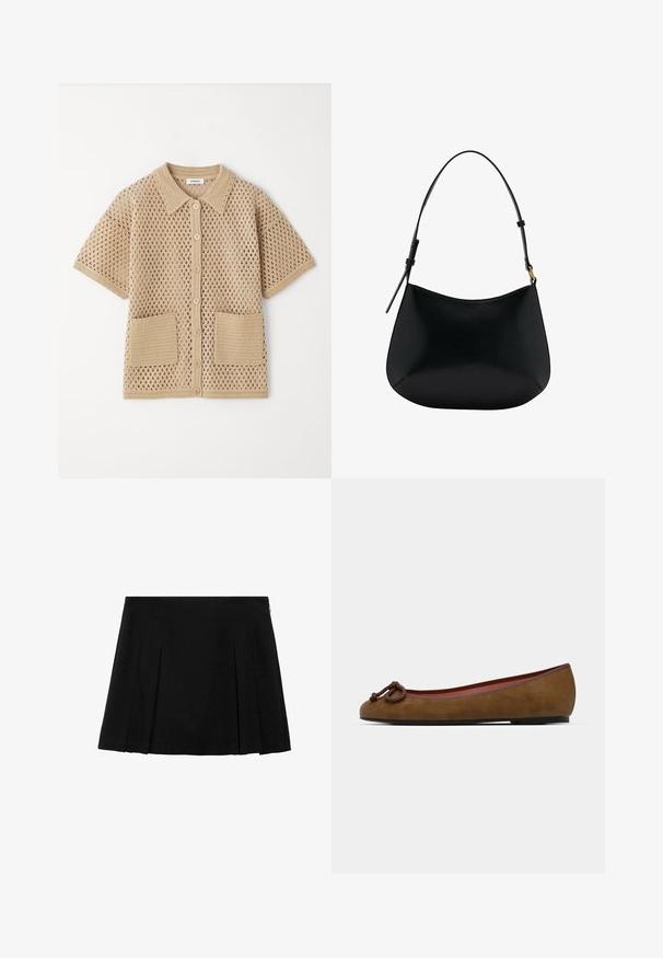 Giacca in suede marrone con collo a camicia, chiusura con bottoni e tasche laterali. Presenta una superficie liscia e un design semplice e moderno.; sandro Camicia - sable; Gonna mini nera plissettata realizzata in un tessuto liscio e testurizzato, con una chiusura a cerniera laterale discreta. Presenta pieghe verticali di dimensioni uniformi.; Ballerina in suede marrone con punta arrotondata, caratterizzata da un dettaglio annodato sulla parte frontale, sottile bordo rosso e suola nera piatta.; Borsa a spalla in pelle nera con una texture liscia, forma curva e manico regolabile. Presenta una cucitura minimale e un design semplice.; Anelli in resina trasparente e ambra, uno liscio e trasparente, l'altro con una finitura testurizzata in ambra. Entrambi presentano un design rotondo e corposo.