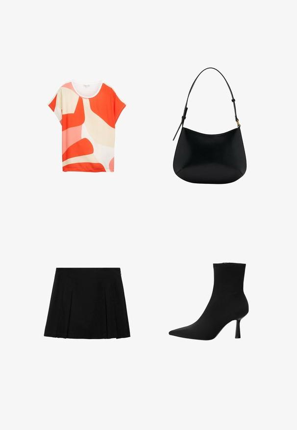 Smeđa suede jakna s ovratnikom, zatvaranjem na gumbe i bočnim džepovima. Ima glatku teksturu i jednostavan, moderni dizajn.; Svijetla majica kratkih rukava s apstraktnim uzorcima u narančastoj, ružičastoj i krem boji. Mekana tkanina s okruglim izrezom i opuštenim krojem.; Crna plisirana mini suknja izrađena od glatkog materijala. Ima uski struk sa bočnim patentnim zatvaračem, a duž prednje strane su ravnomjerno raspoređeni strukturirani plisovi.; Crne gležnjače od glatke tkanine, s uskim špicastim đonom i tankim stiletto potpeticama, bez vidljivih učvršćenja i s besprijekornim dizajnom.; Crna kožna torba za rame s glatkom teksturom, zakrivljenim oblikom i podesivom drškom. Sadrži minimalne šavove i jednostavan dizajn.