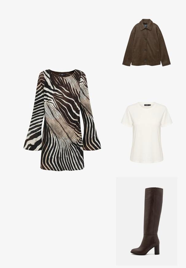 Hnědá zamšová bunda s límcem, knoflíkovým zapínáním a bočními kapsami. Má hladkou texturu a jednoduchý, moderní design.; Bílá bavlněná tričko s krátkými rukávy a kruhovým výstřihem. Vnitřní límec nese štítek s nápisem "SOAKED". Jednoduchá, hladká textura.; Šaty s dlouhými rukávy v hnědé a krémové barvě se vzorem zebřích pruhů. Měkký textil, rozšířené rukávy a kulatý výstřih.; Hnědá kožená vysoká bota po kolena s blokovým podpatkem, hladkým povrchem, zaoblenou špičkou a minimálními švy.; Černá kožená taška přes rameno s hladkým povrchem, zakřiveným tvarem a nastavitelným uchem. Má minimální prošívání a jednoduchý design.