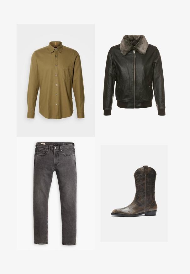 Melna ādas jaka ar priekšējo rāvējslēdzēju un pūkainu pelēku apkakli, ar divām sānu kabatām ar pogu vāciņiem un ribotām piedurknēm un apakšmalu.; BOSS RICKERT - Krekls - open green; Garā piedurkņu balta T-krekls, kas izgatavots no mīksta kokvilnas. Apaļa kakla izgriezuma forma ar taisnām apakšmalām un bez redzamām rakstiem vai grafikas.; Pelēki denima džinsi ar taisnu griezumu, piecu kabatu dizainu un pogu aizdari. Satur vieglu izbalēšanu un tonālu šuvju izstrādājumu visā virsmā.; Brūnas ādas kovboju zābaki ar garu kāju, norādītu purngalu, sarežģītām šuvju rakstībām un mazu papēdi. Virsma ar faktūru visā zābakā.