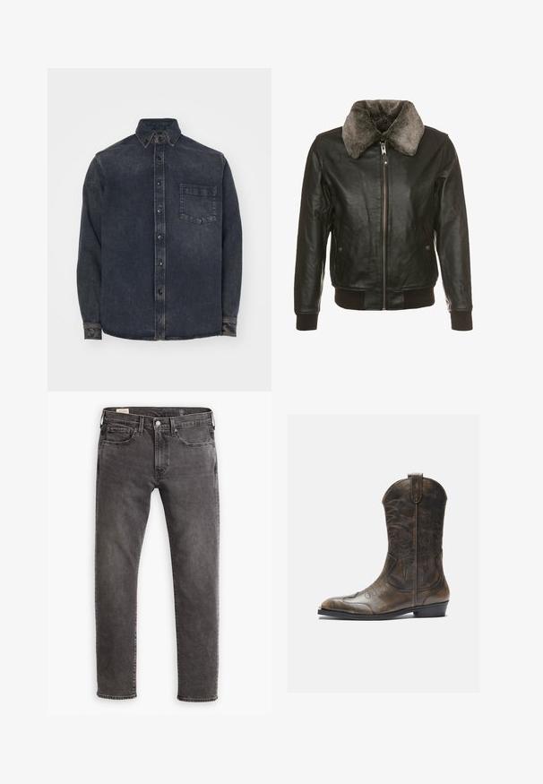 Črna usnjena jakna z zadrgo spredaj in puhastim sivim krznom okoli vratu, ki ima dve stranski žepe z gumbi in rebrastimi manšetami ter obrobo.; Temno modra denim srajca z ovratnikom na gumbe, ki ima žep na prsih in zbledelo teksturo. Dolgi rokavi z gumby.; Dolga majica z dolgimi rokavi, izdelana iz mehkega bombaža. Okrugli izrez s ravnimi robovi in brez vidnih vzorcev ali grafik.; Sive traperice z ravnim krojem, pet žepnim dizajnom in gumbom na zapenjanju. Imajo subtilno postaran učinek in tonirano šivanje čez celo površino.; Rjavi usnjeni kavbojški čevlji z visokim ščitnikom, koničastim nosom, zapletenimi šivi in malo peto. Vzorec strukture po celotni površini.