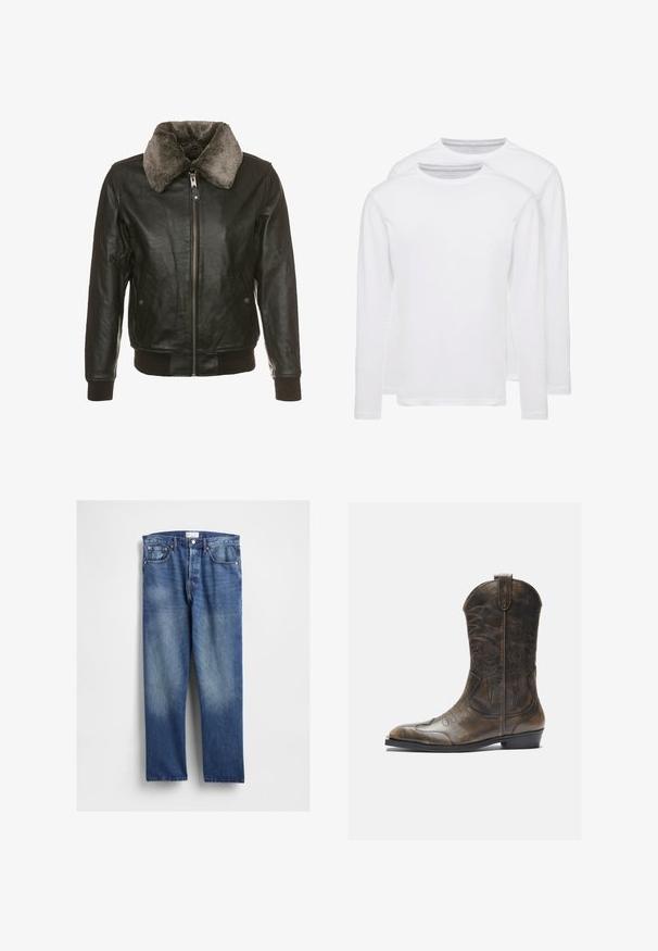 Černá kožená bunda s předním zipem a měkkým šedým kožešinovým límcem, má dvě boční kapsy s klopami na knoflíky a žebrované manžety a lem.; Dvé bílé trička s dlouhým rukávem vyrobená z měkké bavlny. Mají kulatý výstřih a hladký, rovnoměrný povrch bez vzorů nebo akcentů.; Modré džínové kalhoty s rovnými nohavicemi, s vyblednutím na přední straně, klasickým pětiprvkovým střihem a kovovými nýty na kapsách.; Hnědé kožené kovbojské boty s vysokým sálem, špičatou špičkou, složitými vyšívanými vzory a malým podpatkem. Texturovaný povrch po celé délce.