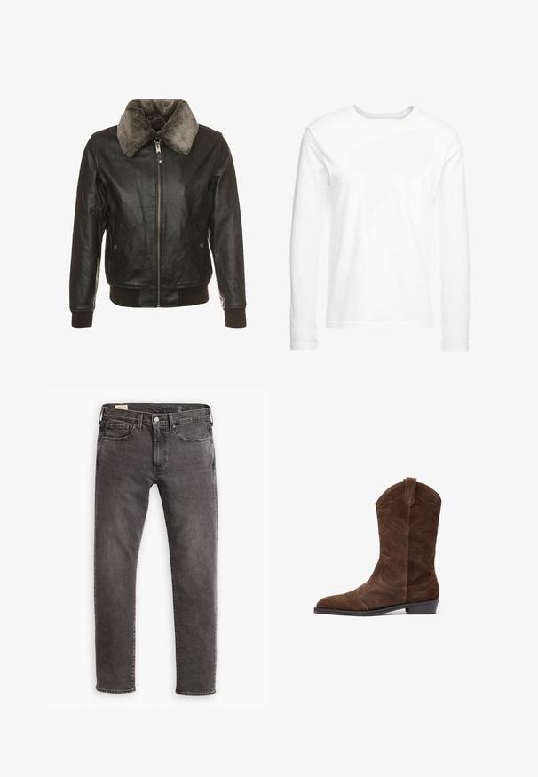 Črna usnjena jakna z zadrgo spredaj in puhastim sivim krznom okoli vratu, ki ima dve stranski žepe z gumbi in rebrastimi manšetami ter obrobo.; Dolga majica z dolgimi rokavi, izdelana iz mehkega bombaža. Okrugli izrez s ravnimi robovi in brez vidnih vzorcev ali grafik.; Sive traperice z ravnim krojem, pet žepnim dizajnom in gumbom na zapenjanju. Imajo subtilno postaran učinek in tonirano šivanje čez celo površino.; Rjava semišova kavbojska čevlja z ostrim nosom, z embosiranim šivom in nizkim zloženim peto. Ima stranske zanke za enostavno obuvanje.