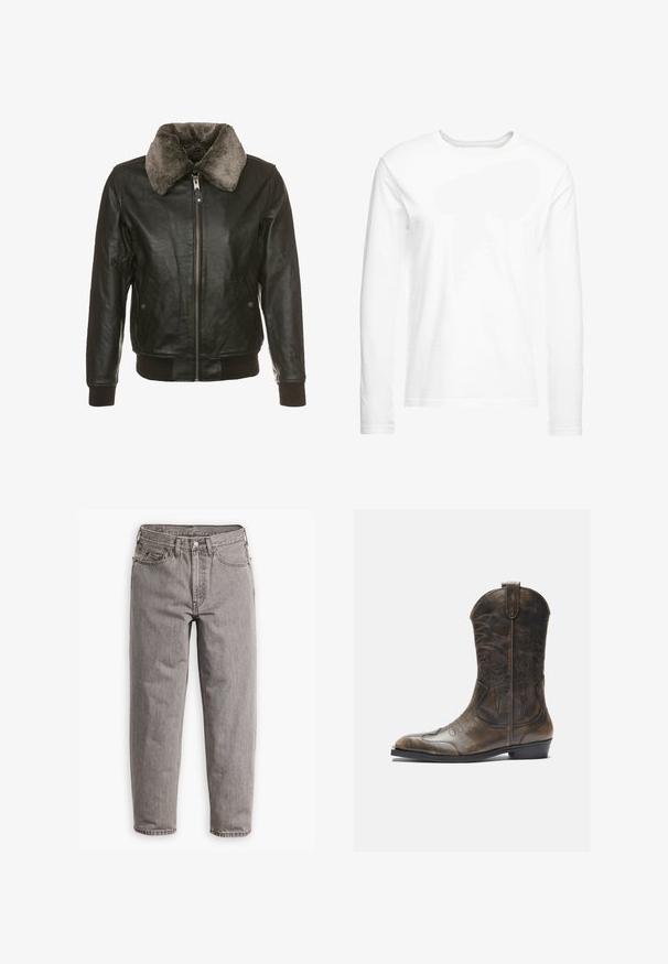 Svart lærjakke med glidelås foran og myk grå pelskrage, med to sidelommer med knappelukking og ribbede mansjetter og kant.; Langermet hvit t-skjorte laget av myk bomull. Rund hals med rette skjæringer og uten synlige mønstre eller grafikker.; Grå denimjeans med høy midje, rett ben-designe, subtil fading, fem lommer og metallknapp-lukking.; Brune lær cowboy støvler med høy skaft, spiss tå, intrikate broderimønstre og en liten hæl. Teksturert finish overalt.