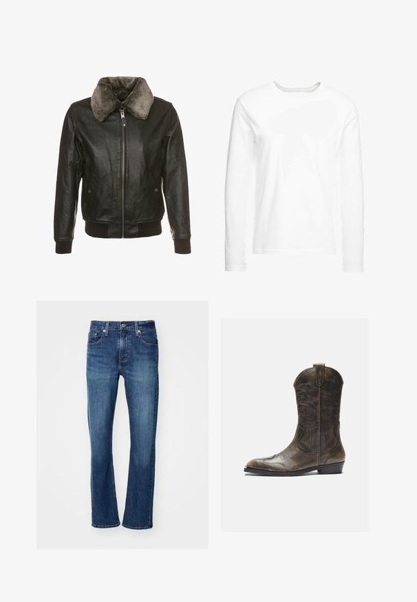 Melna ādas jaka ar priekšējo rāvējslēdzēju un pūkainu pelēku apkakli, ar divām sānu kabatām ar pogu vāciņiem un ribotām piedurknēm un apakšmalu.; Garā piedurkņu balta T-krekls, kas izgatavots no mīksta kokvilnas. Apaļa kakla izgriezuma forma ar taisnām apakšmalām un bez redzamām rakstiem vai grafikas.; Levi's® 502™ TAPER - Džinsi ar pakāpeniski sašaurinātiem galiem - records on; Brūnas ādas kovboju zābaki ar garu kāju, norādītu purngalu, sarežģītām šuvju rakstībām un mazu papēdi. Virsma ar faktūru visā zābakā.
