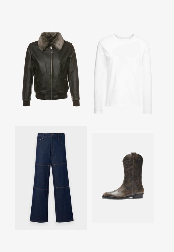 Czarna skórzana kurtka z zamkiem błyskawicznym z przodu i puszystym, szarym futerkiem przy kołnierzu. Posiada dwie boczne kieszenie z klapami na guziki oraz ściągacze na mankietach i u dołu.; Biała koszulka z długim rękawem, wykonana z miękkiej bawełny. Okrągły dekolt, proste brzegi, bez widocznych wzorów czy grafik.; Granatowe szerokie spodnie dżinsowe z kontrastującym pomarańczowym przeszyciem, z dużymi naszytymi kieszeniami na każdej nodze oraz zapinane na guzik w talii.; Brązowy skórzany kowbojski but z wysoką cholewką, spiczastym noskiem, skomplikowanymi wzorami haftu i małym obcasem. Teksturalne wykończenie na całej powierzchni.