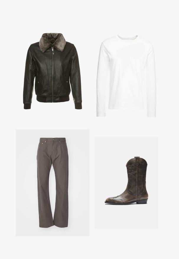 Veste en cuir noir avec une fermeture éclair à l'avant et un col en fausse fourrure grise, dotée de deux poches latérales avec des rabats à boutons et des poignets et un ourlet côtelés.; T-shirt blanc à manches longues en coton doux. Encolure ronde avec des ourlets droits et sans motifs ni graphiques visibles.; Weekday SPACE RELAXED STRAIGHT - Pantalon classique - dark mole; Botte de cow-boy en cuir marron avec un long tige, un bout pointu, des motifs de couture complexes et un petit talon. Finition texturée tout au long.