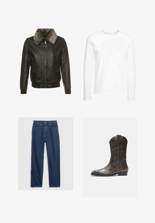 Juodas odinis švarkas su priekiniais užtrauktukais ir minkštu pilku kailiniu apykakle, turintis du šoninius kišenių dangčius su mygtukais ir surištas rankogalius bei apatinę dalį.; Ilga rankovė balta marškinė, pagaminti iš minkštos medvilnės. Apvalus iškirpimas, tiesūs kraštai ir jokių matomų raštų ar grafikų.; Tamsiai mėlynos džinsinės kelNės su tiesiu kirpimu, pasižyminčios penkių kišenių dizainu, viršutiniu mygtuku ir vario nikelio akcentais.; Rudos odinės kaubojų botai su aukšta ašimi, smailiu pirštu, sudėtingomis siuvimo raštais ir mažu kulnu. Tekstūruotas paviršius visame ilgyje.