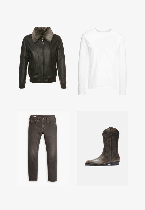 Chaqueta de cuero negro con cremallera frontal y un suave cuello de piel gris, que cuenta con dos bolsillos laterales con solapas de botón y puños y dobladillo acanalados.; Camiseta blanca de manga larga hecha de algodón suave. Cuello redondo con dobladillos rectos y sin patrones ni gráficos visibles.; Mezclilla gris oscuro con un corte recto clásico. Fabricados en denim, cuentan con cinco bolsillos, remaches de cobre y un cierre de botón sencillo.; Bota de cowboy de cuero marrón con un caña alta, puntera puntiaguda, patrones de costura intrincados y un tacón pequeño. Acabado texturizado en toda la bota.