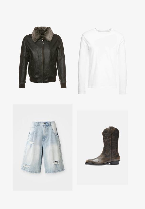 Juodas odinis švarkas su priekiniais užtrauktukais ir minkštu pilku kailiniu apykakle, turintis du šoninius kišenių dangčius su mygtukais ir surištas rankogalius bei apatinę dalį.; Ilga rankovė balta marškinė, pagaminti iš minkštos medvilnės. Apvalus iškirpimas, tiesūs kraštai ir jokių matomų raštų ar grafikų.; Šviesiai mėlynos džinsinės šortai su suplyšimais ir išdirbimu. Laisvas kirpimas su standartiniu juosmeniu ir priekinėmis kišenėmis.; Rudos odinės kaubojų botai su aukšta ašimi, smailiu pirštu, sudėtingomis siuvimo raštais ir mažu kulnu. Tekstūruotas paviršius visame ilgyje.