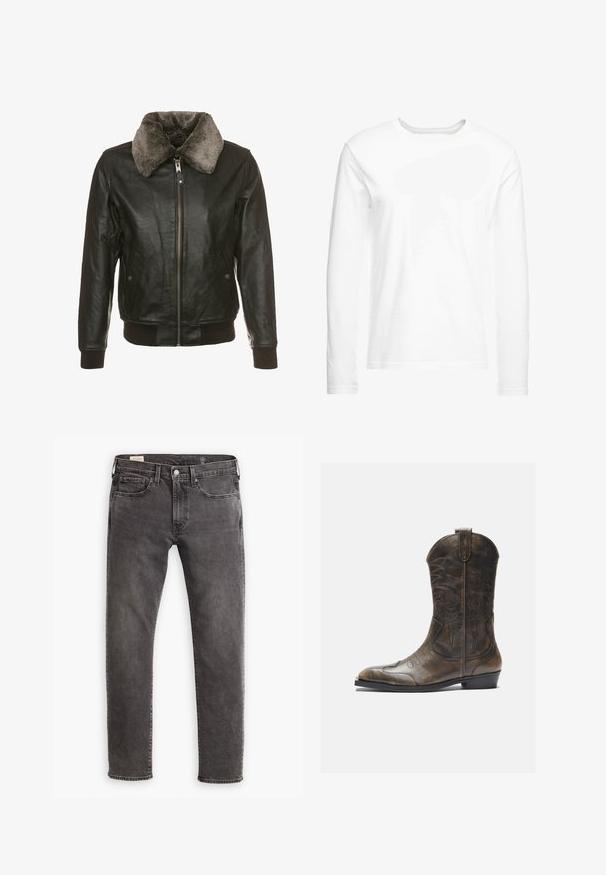 Black leather jacket with a front zipper and plush gray fur collar, featuring two side pockets with button flaps and ribbed cuffs and hem.; Long-sleeve white t-shirt made of soft cotton. Crew neckline with straight cut hems and no visible patterns or graphics.; Gray denim jeans with a straight cut, five-pocket design, and a button fly. Features subtle fading and tonal stitching throughout.; Brown leather cowboy boot with a tall shaft, pointed toe, intricate stitching patterns, and a small heel. Textured finish throughout.
