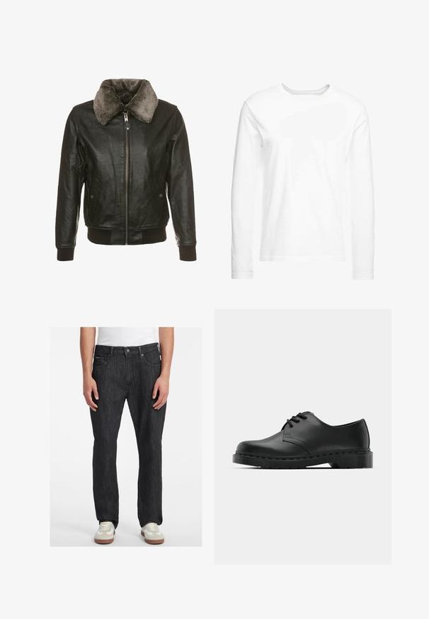 Chaqueta de cuero negro con cremallera frontal y un suave cuello de piel gris, que cuenta con dos bolsillos laterales con solapas de botón y puños y dobladillo acanalados.; Camiseta blanca de manga larga hecha de algodón suave. Cuello redondo con dobladillos rectos y sin patrones ni gráficos visibles.; Vaqueros de mezclilla negra con corte recto, que cuentan con un cierre de botón frontal, cinco bolsillos y detalles de costura sutiles. Llevados con zapatillas.; Zapato oxford de cuero negro con diseño de cordones, punta redonda, suela de goma plana y un sutil detalle de costura en la parte superior.