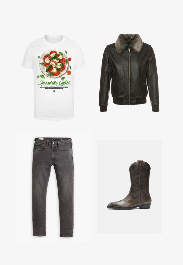 Juodas odinis švarkas su priekiniais užtrauktukais ir minkštu pilku kailiniu apykakle, turintis du šoninius kišenių dangčius su mygtukais ir surištas rankogalius bei apatinę dalį.; Balta T-marškiniai su Caprese salotos grafika, kurioje matomi raudoni pomidorai, balta mozzarella ir žali baziliko lapai. Po aprašytas patiekalas.; Pilki džinsai su tiesiu kirpimu, penkių kišenių dizainu ir mygtukų užsegimu. Yra švelniai nudilę ir toniniu siuvinėjimu visame gaminyje.; Rudos odinės kaubojų botai su aukšta ašimi, smailiu pirštu, sudėtingomis siuvimo raštais ir mažu kulnu. Tekstūruotas paviršius visame ilgyje.