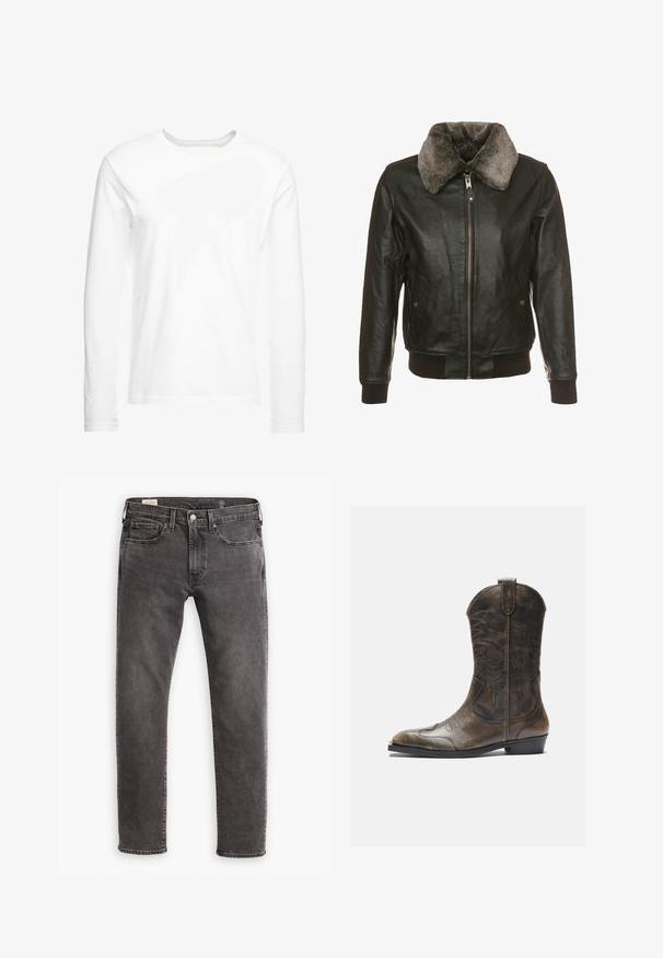 Čierna kožená bunda so zipsom vpredu a huňatým šedým kožúškom, s dvoma bočnými vreckami so zapínaním na gombíky a elastickými manžetami a spodným lemom.; Biela tričko s dlhým rukávom vyrobené z mäkkej bavlny. Okrúhly výstrih s rovnými lemami a bez viditeľných vzorov alebo grafiky.; Šedé denímové nohavice so strižením v rovnom strihu, dizajnom s piatimi vreckami a gombíkovým zapínaním. Obsahujú jemné blednutie a tónovité šitie po celom obvode.; Hnedá kožená kovbojská topánka s vysokým ťahom, špicatou špičkou, zložitými vyšívacími vzormi a malým opätkom. Textúrovaný povrch po celom obvode.