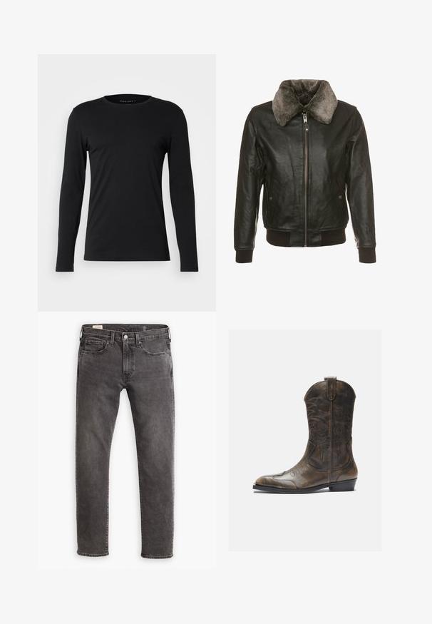 Juodas odinis švarkas su priekiniais užtrauktukais ir minkštu pilku kailiniu apykakle, turintis du šoninius kišenių dangčius su mygtukais ir surištas rankogalius bei apatinę dalį.; Juodas ilgam rankovių marškinėlis, pagamintas iš minkštos medžiagos. Turi apvalų iškirpimą ir prigludusią siluetą, be matomų grafikų ar puošybos.; Pilki džinsai su tiesiu kirpimu, penkių kišenių dizainu ir mygtukų užsegimu. Yra švelniai nudilę ir toniniu siuvinėjimu visame gaminyje.; Rudos odinės kaubojų botai su aukšta ašimi, smailiu pirštu, sudėtingomis siuvimo raštais ir mažu kulnu. Tekstūruotas paviršius visame ilgyje.