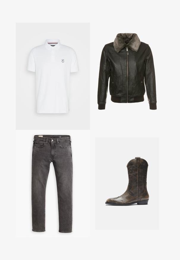 Giacca in pelle nera con zip frontale e colletto in pelliccia grigia morbida, dotata di due tasche laterali con patta a bottone e polsini e orlo a coste.; Polo bianco in cotone, con colletto, maniche corte e un piccolo emblema sul petto. Design semplice, senza motivi o accenti.; Jeans in denim grigio con taglio dritto, design a cinque tasche e chiusura con bottone. Presentano un leggero scolorimento e cuciture tonali su tutta la superficie.; Stivale da cowboy in pelle marrone con gambale alto, punta affusolata, motivi di cucitura intricati e tacco basso. Finitura testurizzata in tutto lo stivale.