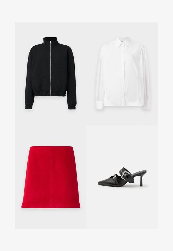 Melnā zipa jakā ar augstu apkakli, teksturētu audumu, elastīgām piedurknēm un apakšmalu, ar sudraba zīmuļu stiliem, kas rotāti ar logotipa detalizāciju.; Balta, garām piedurknēm, ar pogām aizpogājama krekla no gludas kokvilnas šķiedras. Tam ir klasiskā apkakle, priekšējā aizpogājamā daļa un noapaļotas aproces.; Sarkans mini svārki, izgatavoti no strukturēta auduma, ar taisnu griezumu. Dizains iekļauj bezšuvju priekšpusi un tīras līnijas bez rotājumiem.; Melnas augstpapēžu mūles ar norādītu purngalu, izgatavotas no gludas ādas. Iekļauj plašu potītes siksnu ar kvadrātveida sudraba sprādzi un kniedēm.