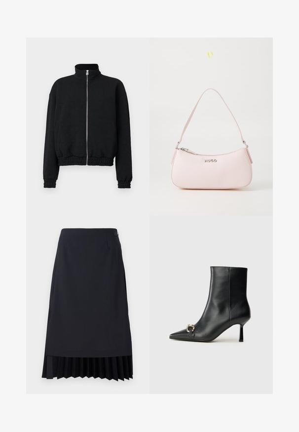 Musta vetoketjullinen takki korkean kaulan kanssa, teksturoitua kangasta, joustavat hihansuut ja helma, jossa on hopeainen vetoketju logoyksityiskohdilla.; Valkoinen pitkähihainen kauluspaita, joka on valmistettu puuvillasta. Paidassa on napitettava etuosuus ja yksi rintatasku. Pehmeä pinta, rento malli.; Musta kynähame, jossa on laskostettu helma, muotoiltu istuvuus ja sileä pinta. Hameessa on huomaamaton sivuvetoketju ja minimalistinen yksityiskohtaus.; Musta nahkasaapas nilkkapituisilla, terävillä kärjillä, hoikalla keskipituisella korolla ja hopeavöillä sivussa yksinkertaista taustaa vasten.; Vaaleanpunainen nahkakäsilaukku, jossa on kaareva muotoilu, vetoketjukiinnitys ja olkahihna. Etupuolella on hopeinen logo.