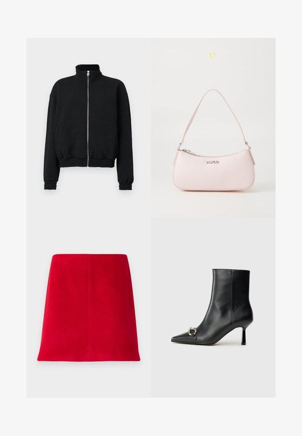 Sort zip-up jakke med høj krave, tekstureret stof, elastiske manchetter og kant, med en sølvfarvet lynlås med logo-detaljer.; Hvid langærmet skjorte med krave lavet af bomuld. Har en knaplukning fortil og en enkelt brystlomme. Glat tekstur, afslappet pasform.; Sort satin camisole med en dyb udskæring, tynde stropper og en glat, skinnende tekstur. Enkel, klassisk design uden udsmykninger.; Rød mini nederdel lavet af struktureret stof med lige snit. Designet har en sømløs front og rene linjer uden udsmykninger.; Sort læder ankelstøvle med spidse tæer, slank hæl i mellemhøjde og sølvspænde detaljer på siden mod en ensfarvet baggrund.; Rosa læderhåndtaske med et buet design, lynlåslukning og skulderrem. Har et sølvlogo foran.
