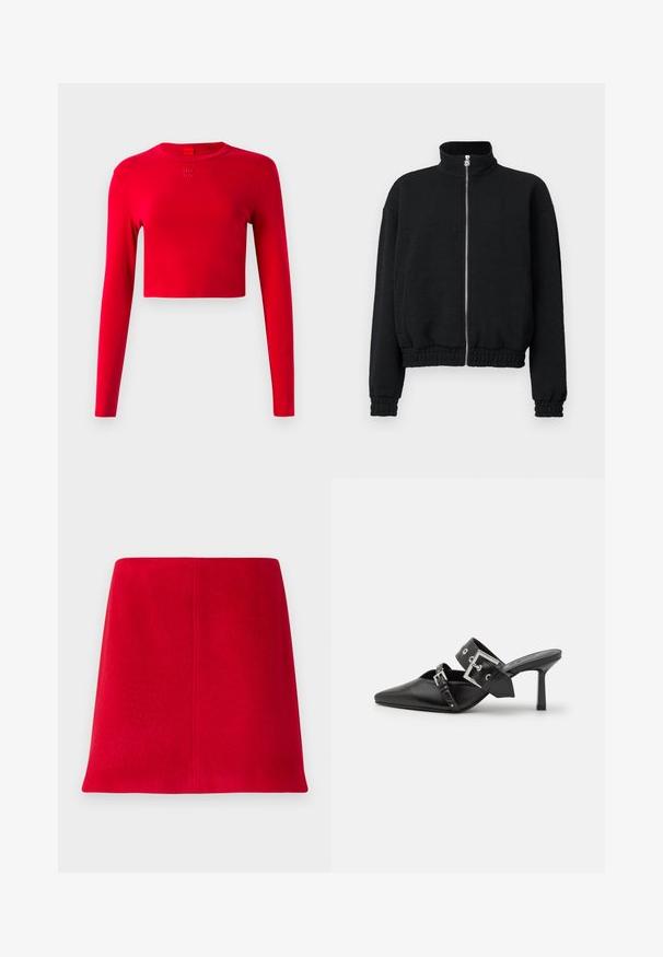 Čierna zippová bunda s vysokým golierom, textúrovaná tkanina, elastické manžety a lem, s strieborným zipsom s logom.; Červený krátky rukáv top s dlhým rukávom a okrúhlym výstrihom, so malým reliéfom "HUGO" umiestneným pod golierom na jednoduchej pozadí.; Červená mini sukňa vyrobená z textúrovanej tkaniny so strihom do rovna. Dizajn obsahuje bezšvový predný diel a čisté línie bez ozdôb.; Čierne vysoké podpätky mule so špicatou špičkou, vyrobené z hladkej kože. Obsahujú široký členkový remienok so štvrcovým strieborným sponom a cvokmi.