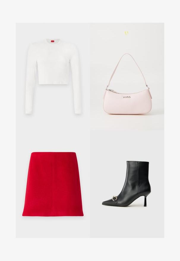 Black zip-up jacket with a high collar, textured fabric, elastic cuffs and hem, featuring a silver zipper with logo detailing.; White cropped long-sleeve top made of smooth fabric. Features a round neckline and subtle logo detail on the chest.; Red mini skirt made of textured fabric with a straight cut. The design features a seamless front and clean lines without embellishments.; Black leather ankle boot with pointed toe, slim mid-height heel, and silver buckle detail on side against plain background.; Pink leather handbag with a curved design, zipper closure, and a shoulder strap. Features a silver logo at the front.